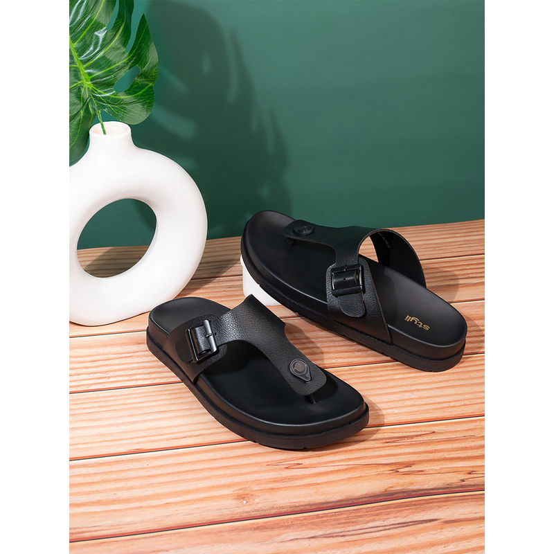 Styli Mens Black Buckled Y Strap Comfort Sandals (EURO 43)