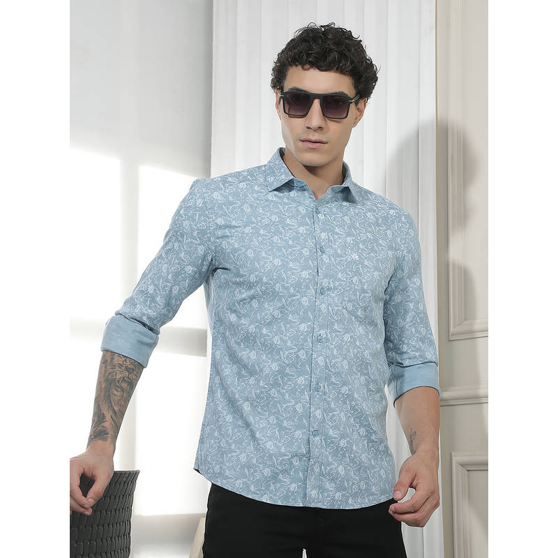 CRIMSOUNE CLUB Men's Blue Printed 100% Cotton Shirt (S)