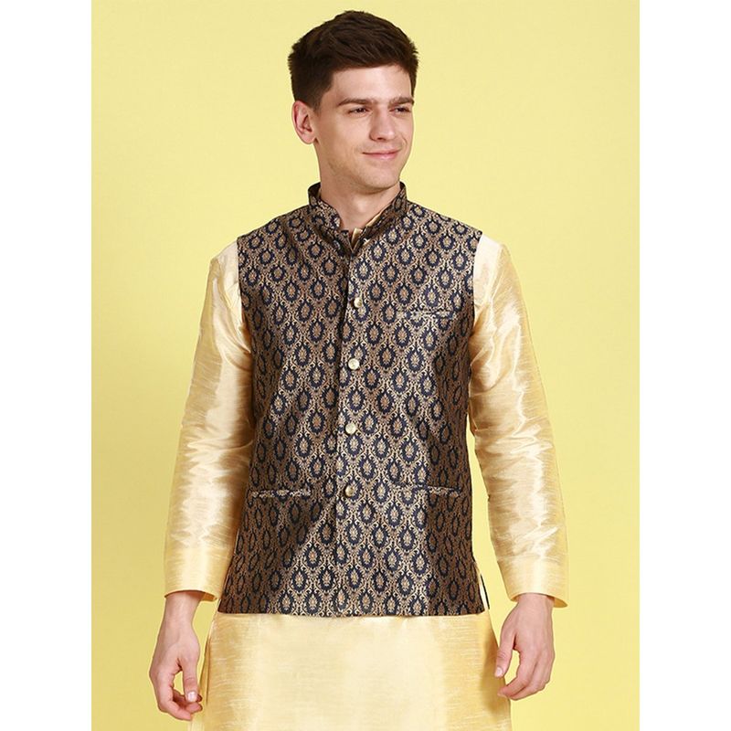 Sanwara Mens Blue Woven Floral Pattern Ethnic Bandi Jacket (S)