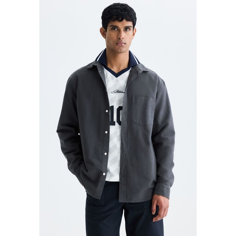 H&M Men Grey Regular Fit Oxford Shirt (XS)