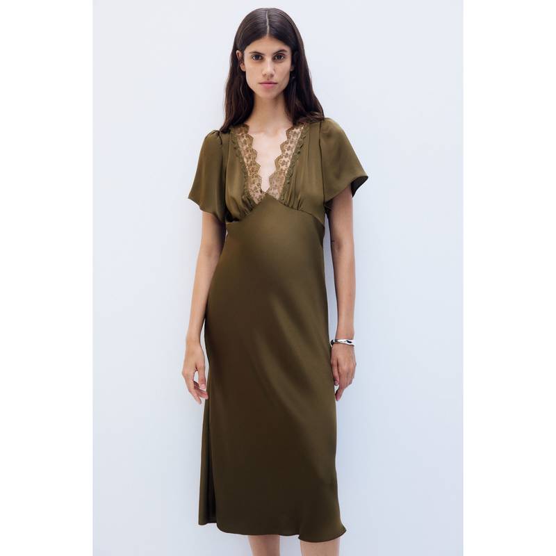 H&M Women Green MAMA Lace-Trimmed Satin Dress (XS)