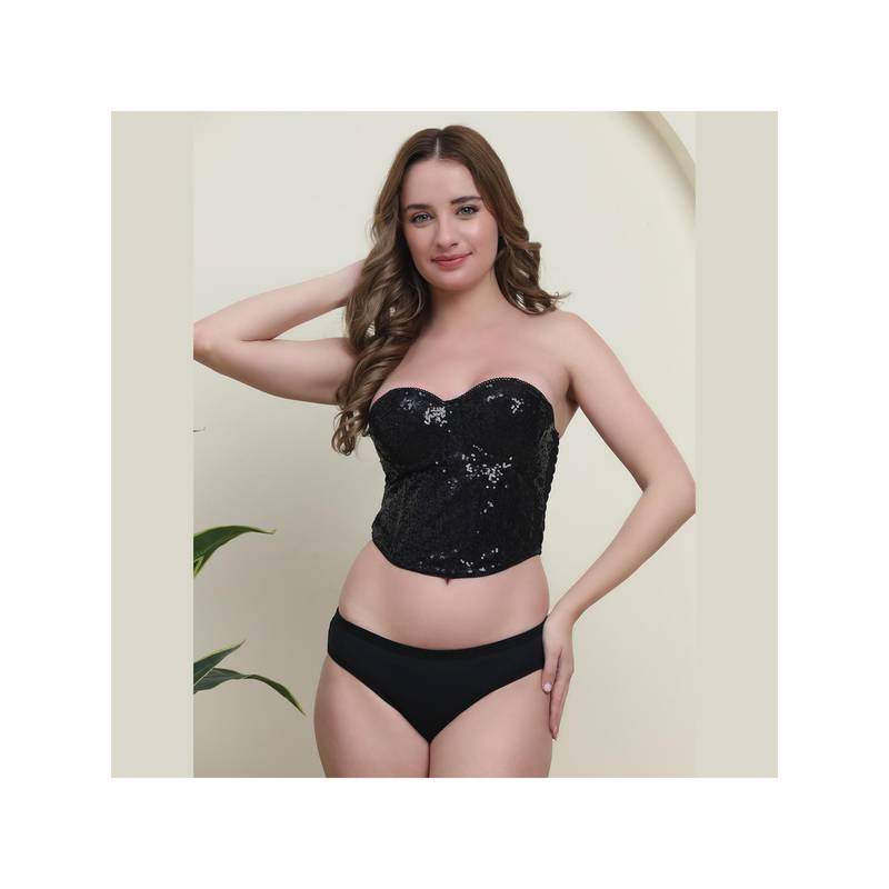 PrettyCat Women Lightly Padded Partywear Corset Bra and Panty (30B)