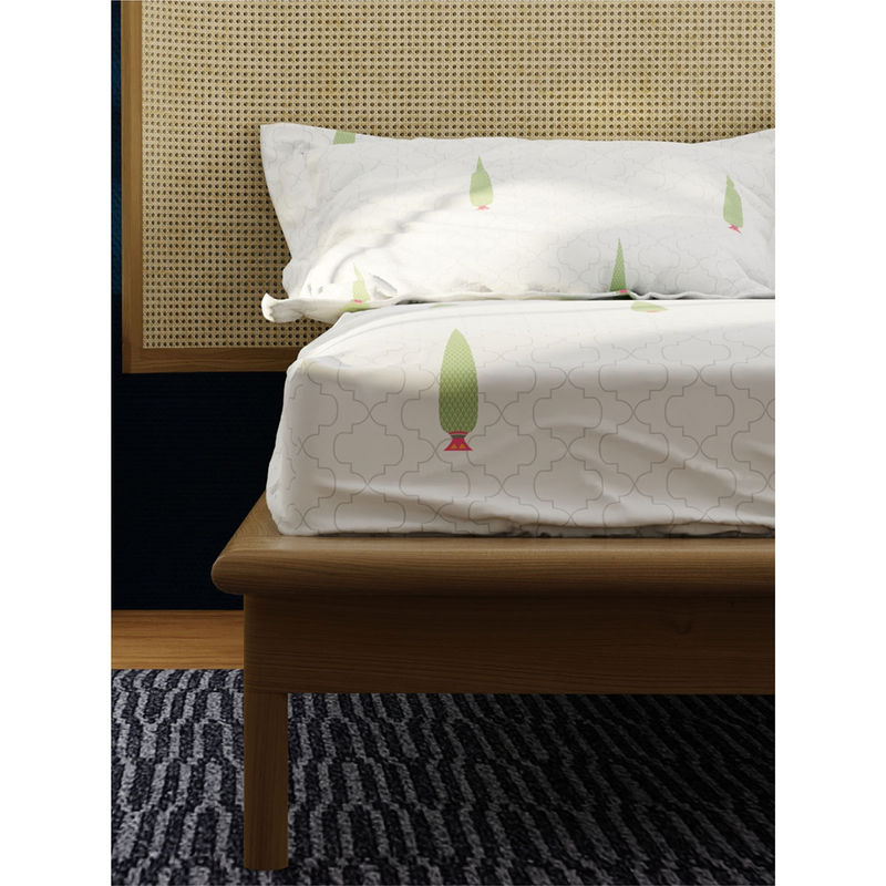 Urban Space Serene Cotton Bedsheets for Double Bed with Pillow Cover-Pinewood, White