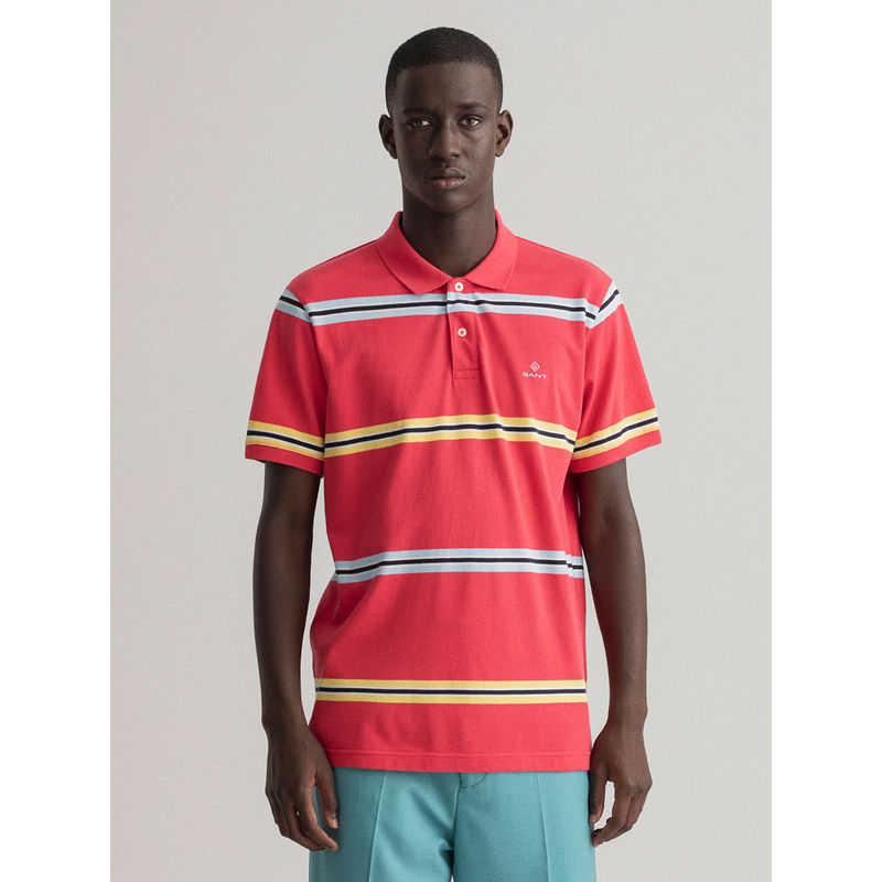 GANT Men Coral Striped Regular Fit Polo T-Shirt (S)