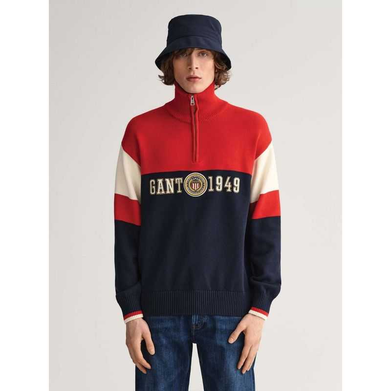 GANT Men Navy Blue Color Block Regular Fit Sweater (M)