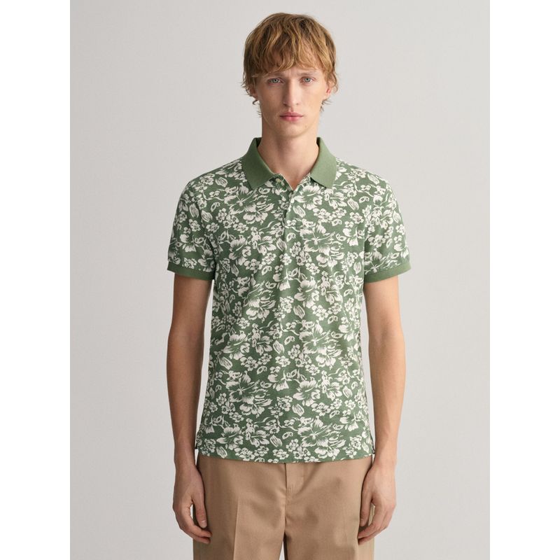 GANT Men Green Floral Print Pique Polo T-Shirt (S)