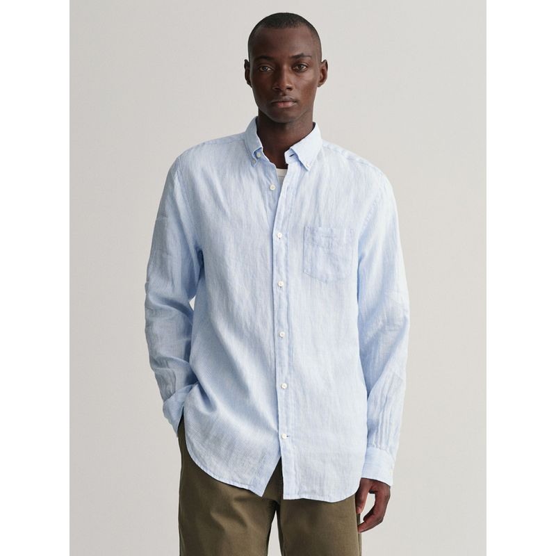 GANT Men Blue Stripes Regular Linen Stripe Shirt (L)