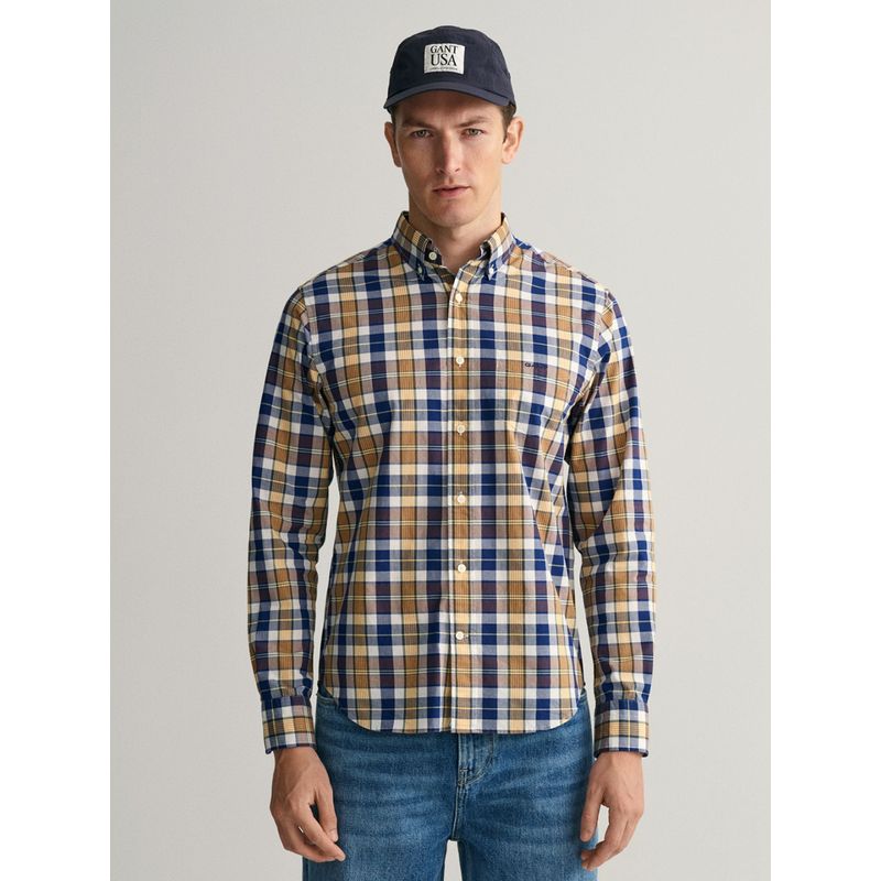 GANT Men Brown Check Regular Untucked Colorful Check Shirt (L)