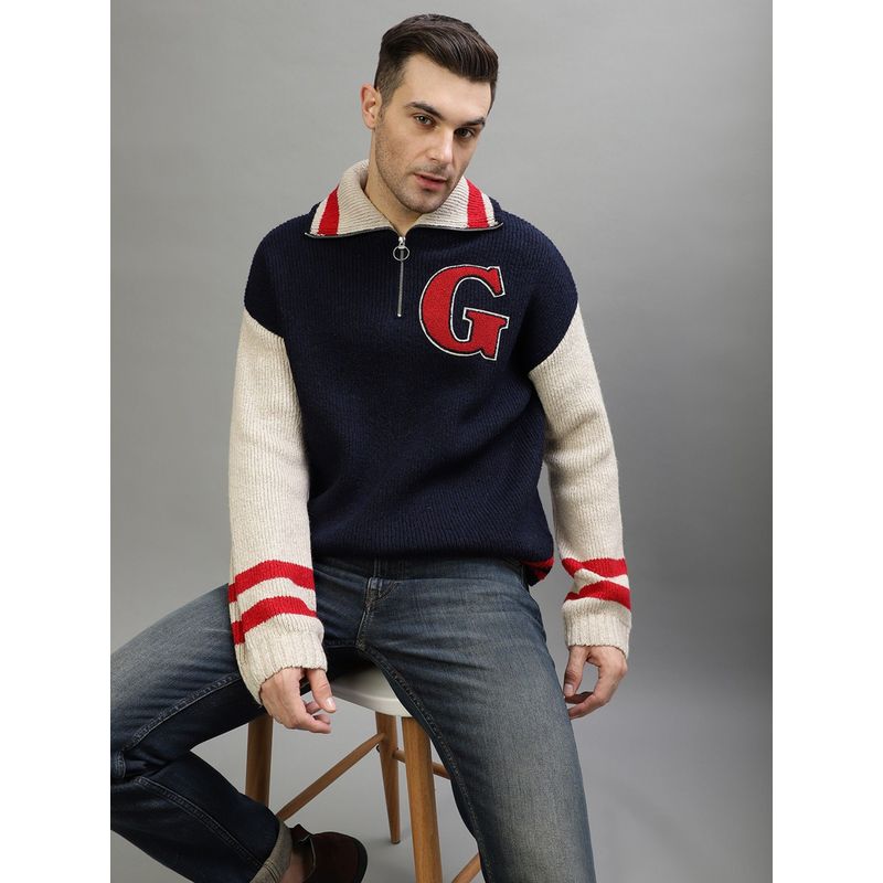 GANT Men Color-Blocked Cutway Collar Full Sleeves Sweater (2XL)
