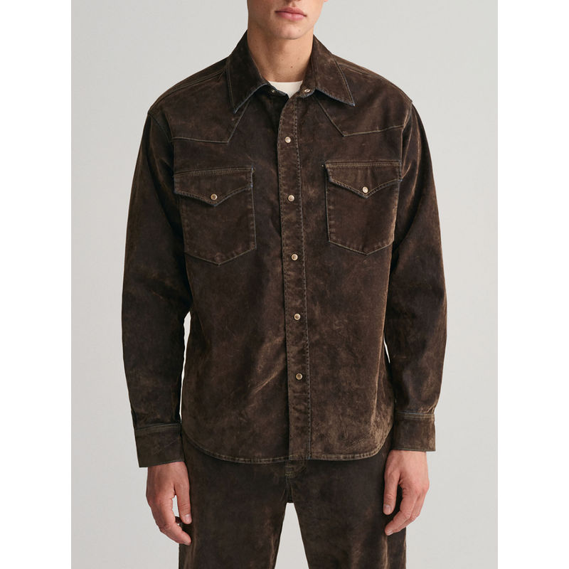 GANT Men Brown Solid Spread Collar Full Sleeves Shirt (S)