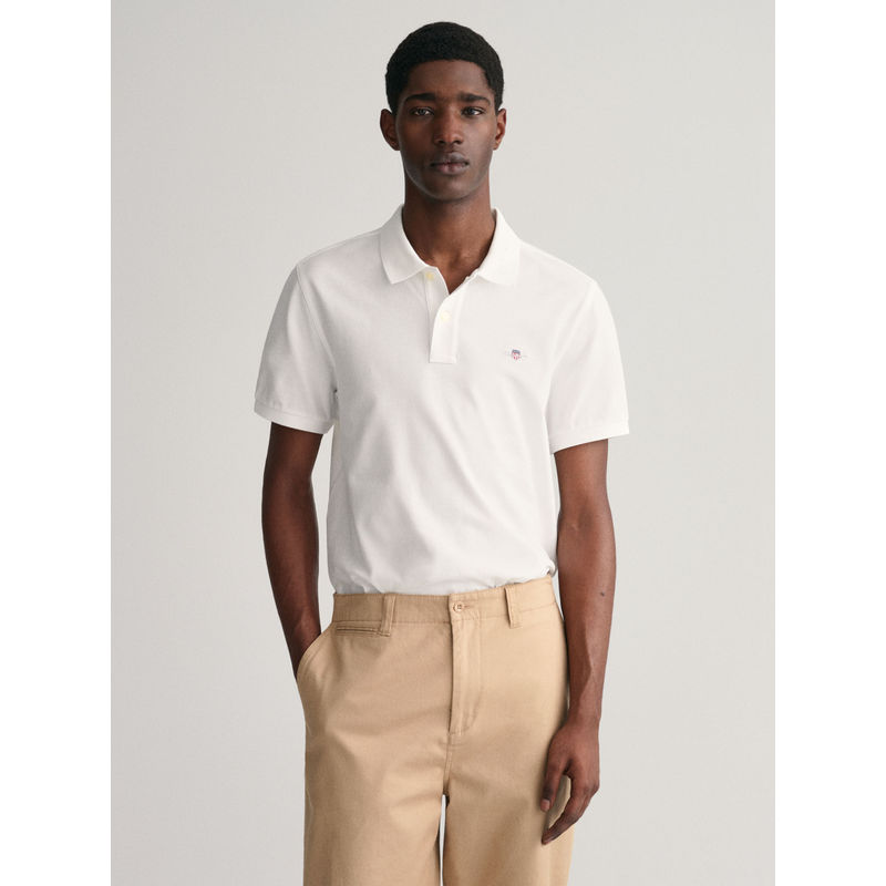 GANT Men White Solid Polo T-Shirt (S)