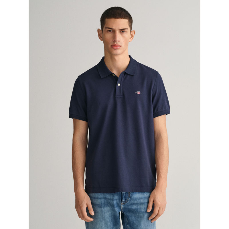 GANT Men Navy Blue Solid Polo T-Shirt (M)