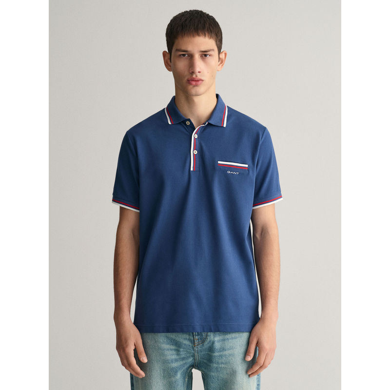 GANT Men Blue Solid Polo T-Shirt (M)