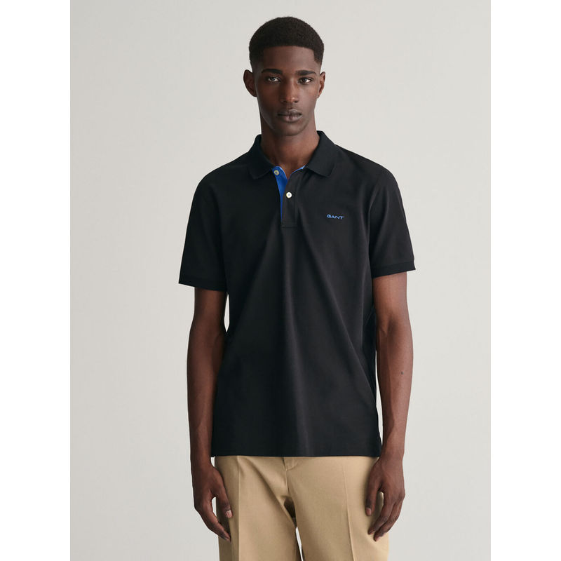 GANT Men Black Solid Polo T-Shirt (L)
