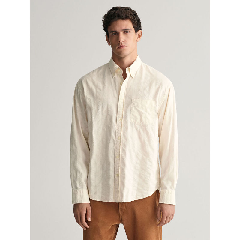 GANT Men Cream Striped Button Down Collar Full Sleeves Shirt (S)