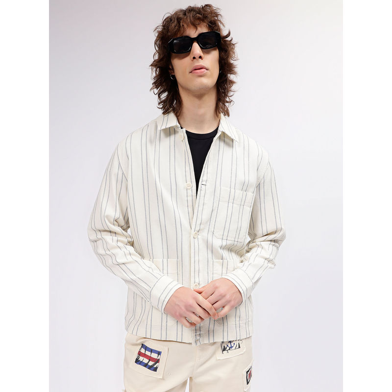 GANT Men Cream Striped Spread Collar Full Sleeves Shirt (S)