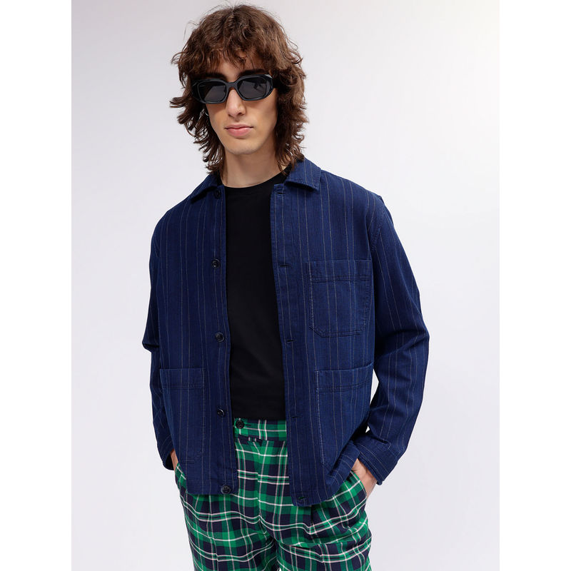 GANT Men Navy Blue Striped Spread Collar Full Sleeves Shirt (S)