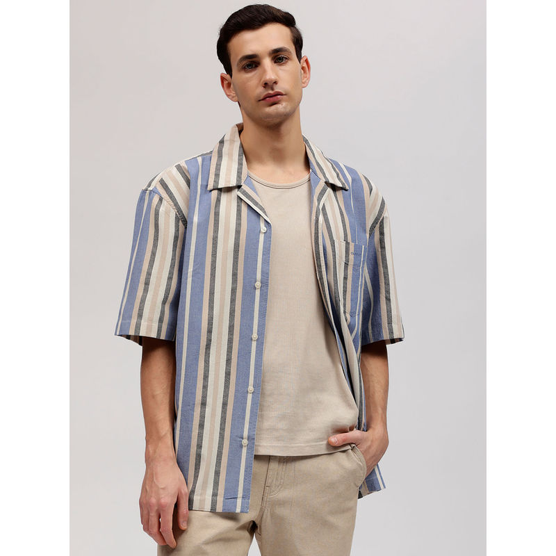 GANT Men Blue Striped Resort Collar Short Sleeves Shirt (XL)