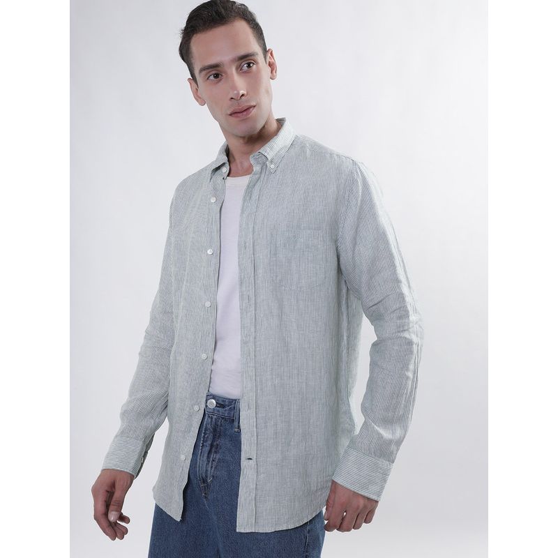 GANT Striped Button-Down Collar Linen Casual Shirt (44)