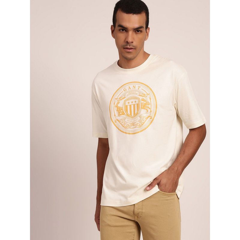 GANT Men Cream Printed Pure Cotton Raw Edge T-Shirt (XL)