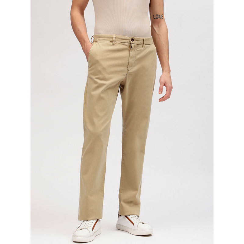 GANT Men Beige Solid Flat Front Slim Fit Mid-Rise Trouser (38)