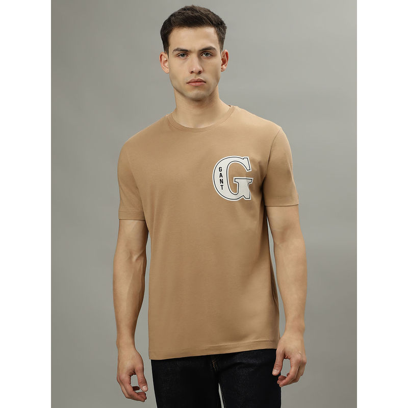 GANT Men Beige Solid Round Neck Short Sleeves T-Shirt (S)
