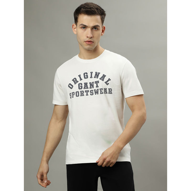 GANT Men Off White Printed Round Neck Short Sleeves T-Shirt (L)