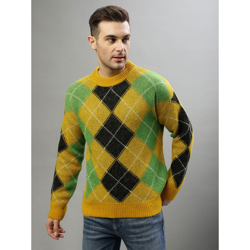GANT Men Multi-Color Checked Round Neck Full Sleeves Sweater (L)