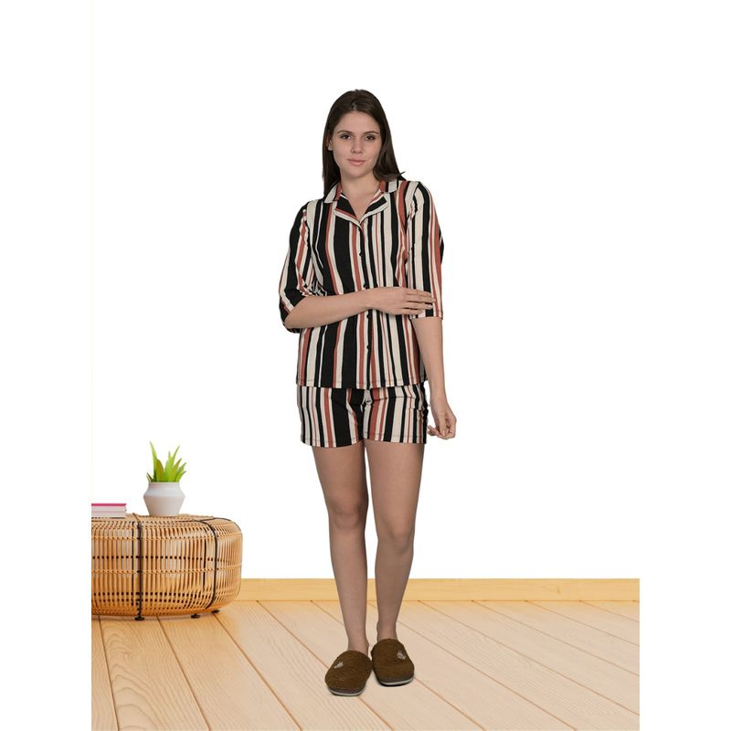 MAYSIXTY Poly Crepe Stripes Black Shirt with Bermuda (Set of 2) (M)