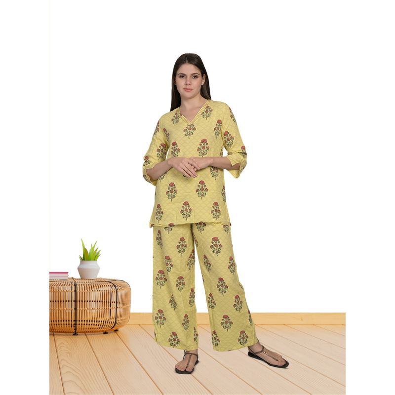 MAYSIXTY Rayon Printed Yellow Co-Ord (Set of 2) (M)