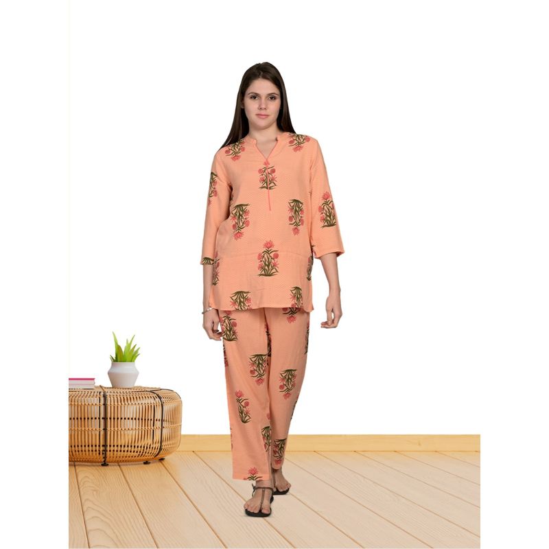 MAYSIXTY Rayon Peach Printed Co-Ord (Set of 2) (S)