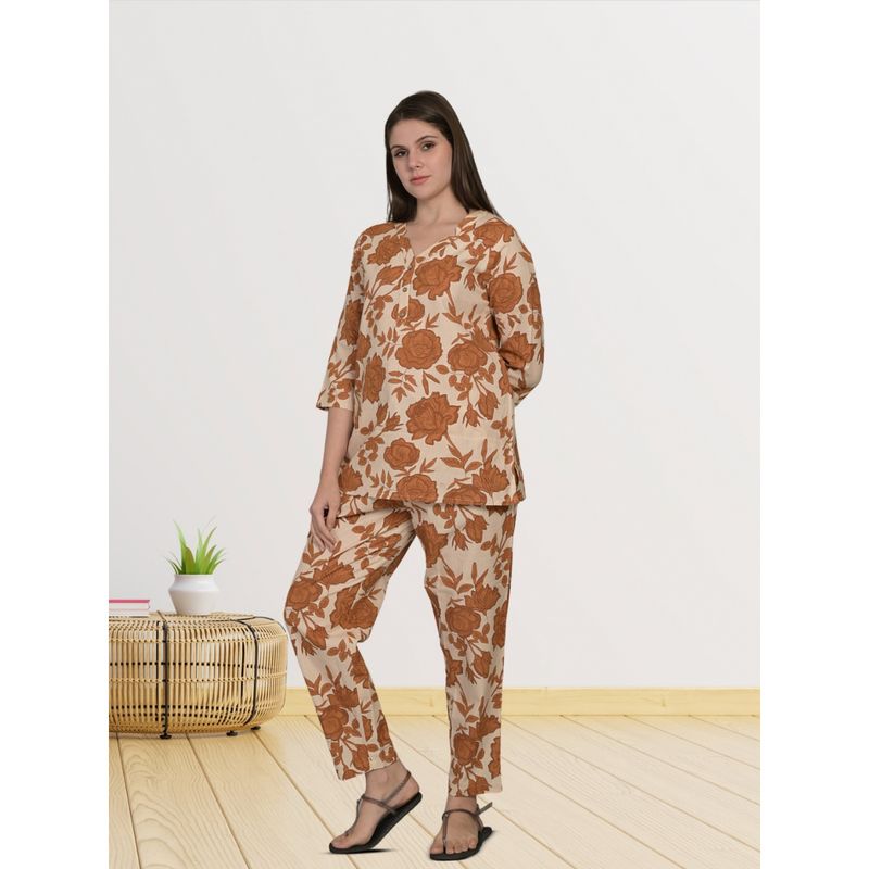 MAYSIXTY Cotton Printed Brown Co-Ord (Set of 2) (S)