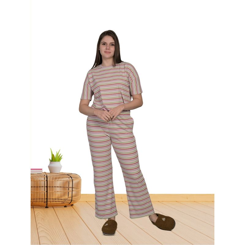 MAYSIXTY Pure Soft Cotton Stripes Red T-Shirt and Pyjama (Set of 2) (L)