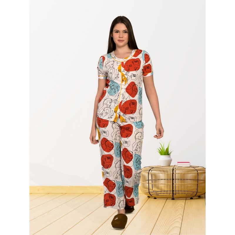 MAYSIXTY Women Pure Rayon Printed Multi-Color Half Sleeve Top with Pyjama (Set of 2) (S)