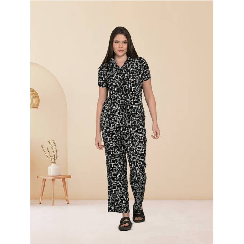 MAYSIXTY Women Pure Poly Brush Printed Collared Black Half Sleeve Shirt with Pyjama (Set of 2) (S)