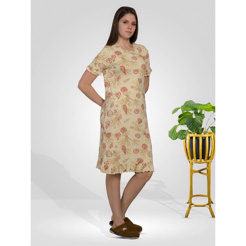 MAYSIXTY Women Viscose Rayon Printed Round Neck Cream Half Sleeve Short Nightdress (S)