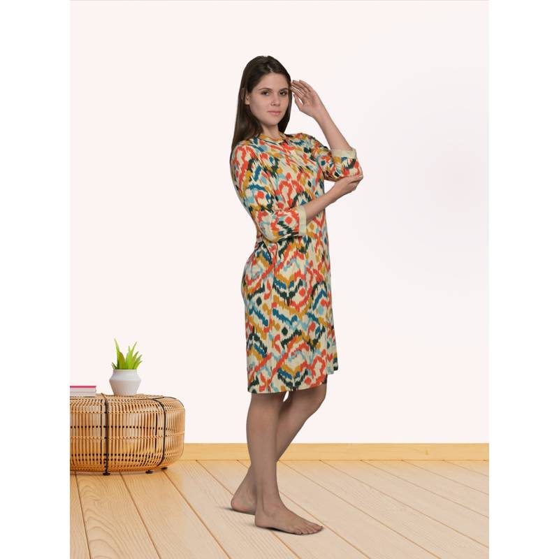 MAYSIXTY Women Pure Soft Cotton Printed Mandarin Neck Multi Short Nightdress (M)