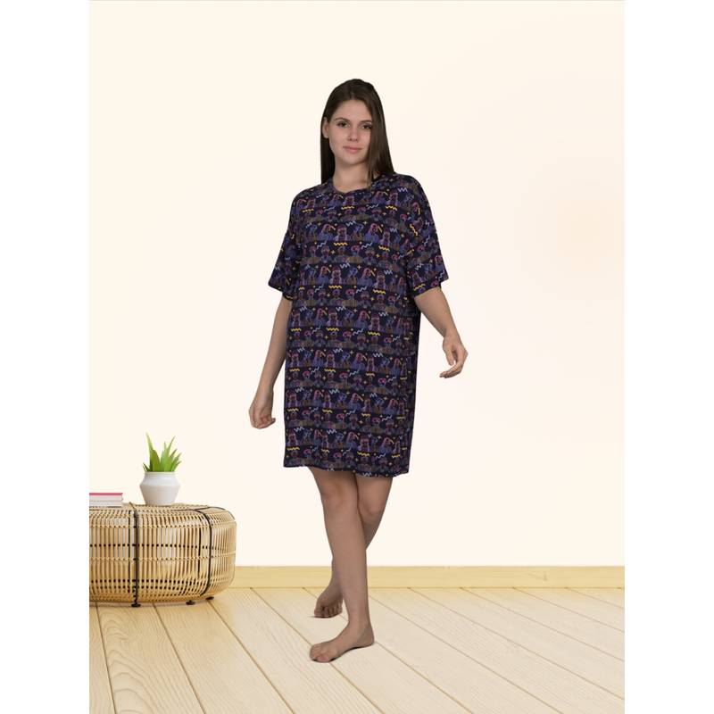 MAYSIXTY Women Viscose Rayon Printed Round Neck Navy Blue Half Sleeve Short Nightdress (S)