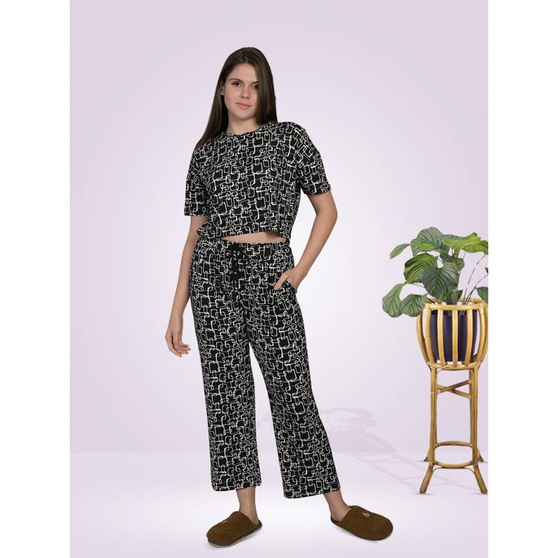 MAYSIXTY Women Pure Poly Brush Printed Round Neck Black Half Sleeve Top with Pyjama (Set of 2) (M)