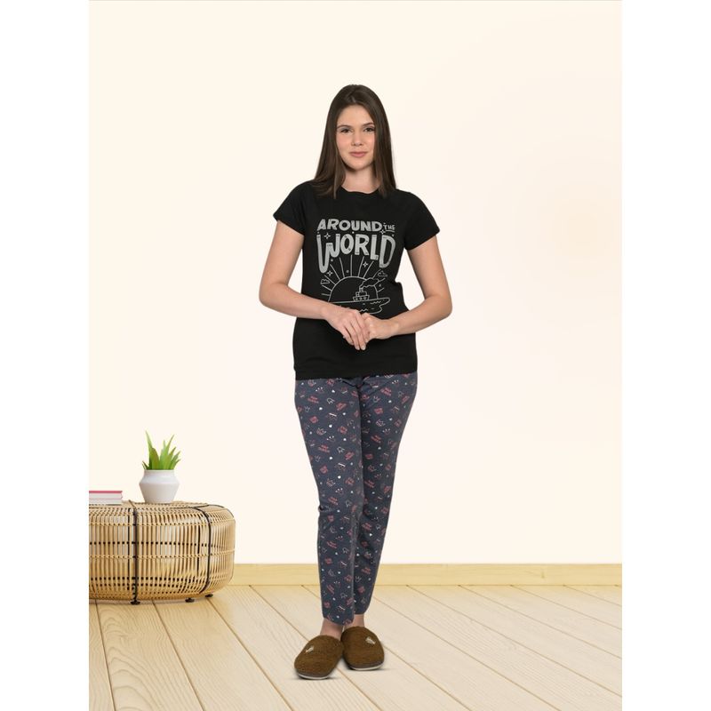 MAYSIXTY Women Pure Soft Cotton Printed Round Neck Black Half Sleeve T-Shirt (2XL)