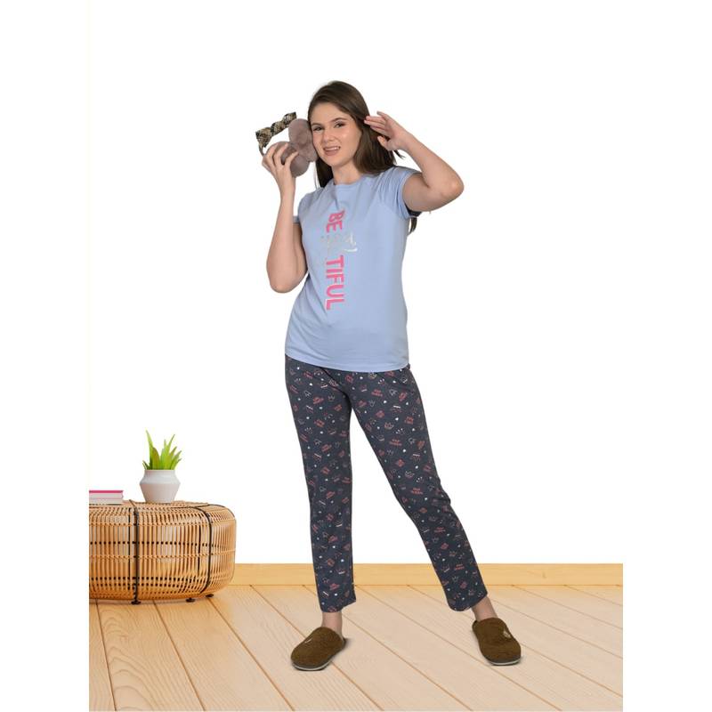 MAYSIXTY Women Pure Soft Cotton Printed Round Neck Blue Half Sleeve T-Shirt (L)