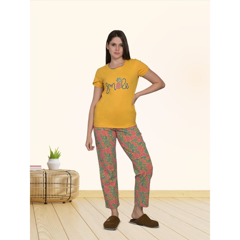 MAYSIXTY Women Cotton Printed Round Neck Yellow Half Sleeve T-Shirt with Pyjama (Set of 2) (L)