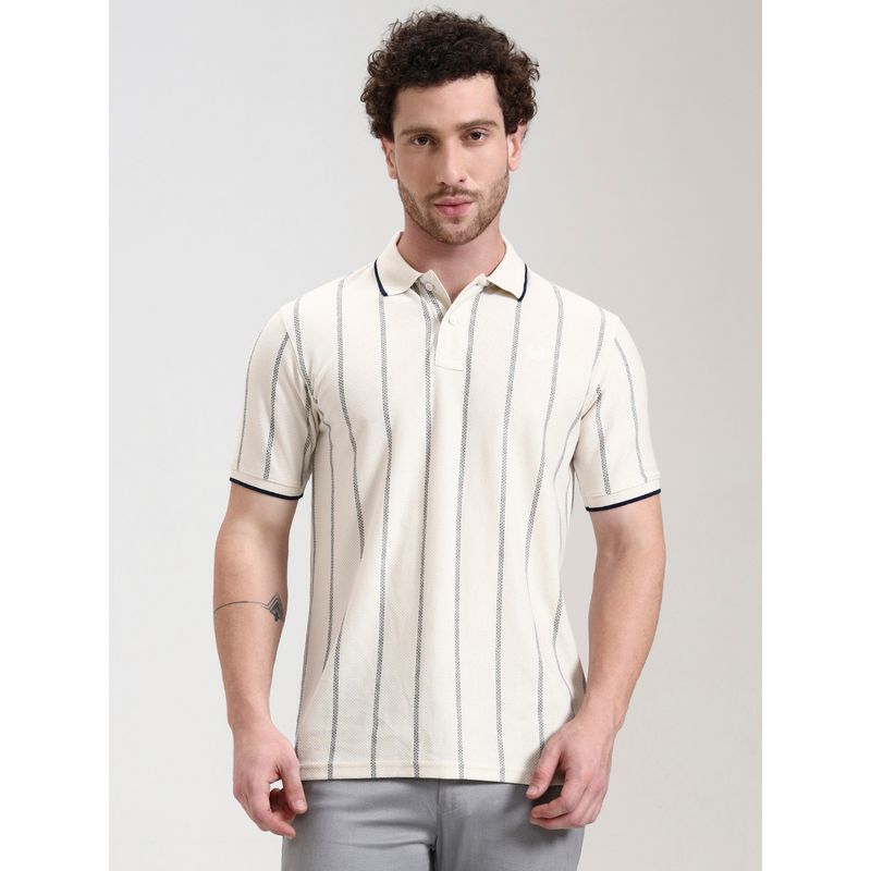 Greenfibre Cream Men Slim Fit Striped Polo T-Shirt (42)