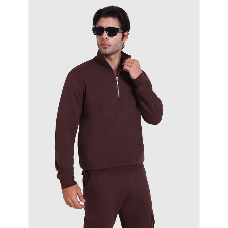 Musclemind Men Cotton High Neck Solid Brown Sweatshirt (S)