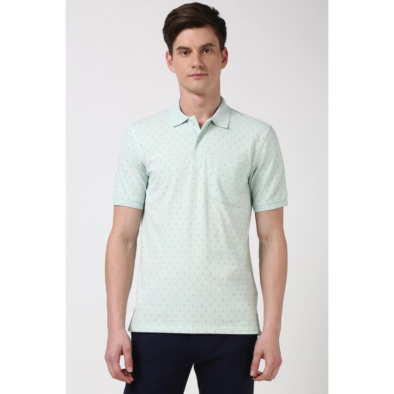 Peter England Men Green Print Polo Neck Polo T-Shirt (S)
