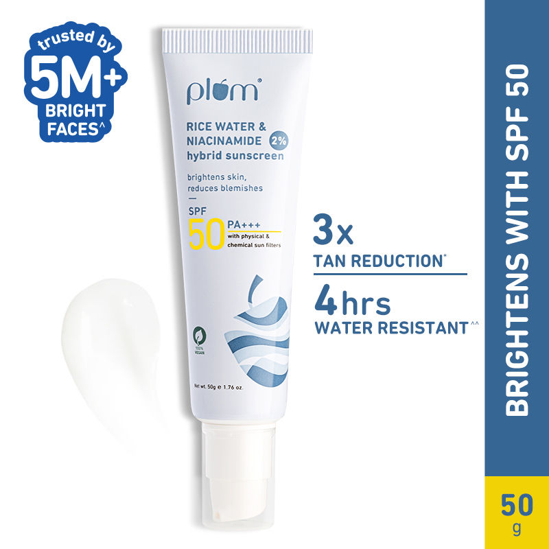 Plum 2% Niacinamide & Rice Water SPF 50 PA+++ Sunscreen, Fades Tan, For Oily To Dry Skin Type