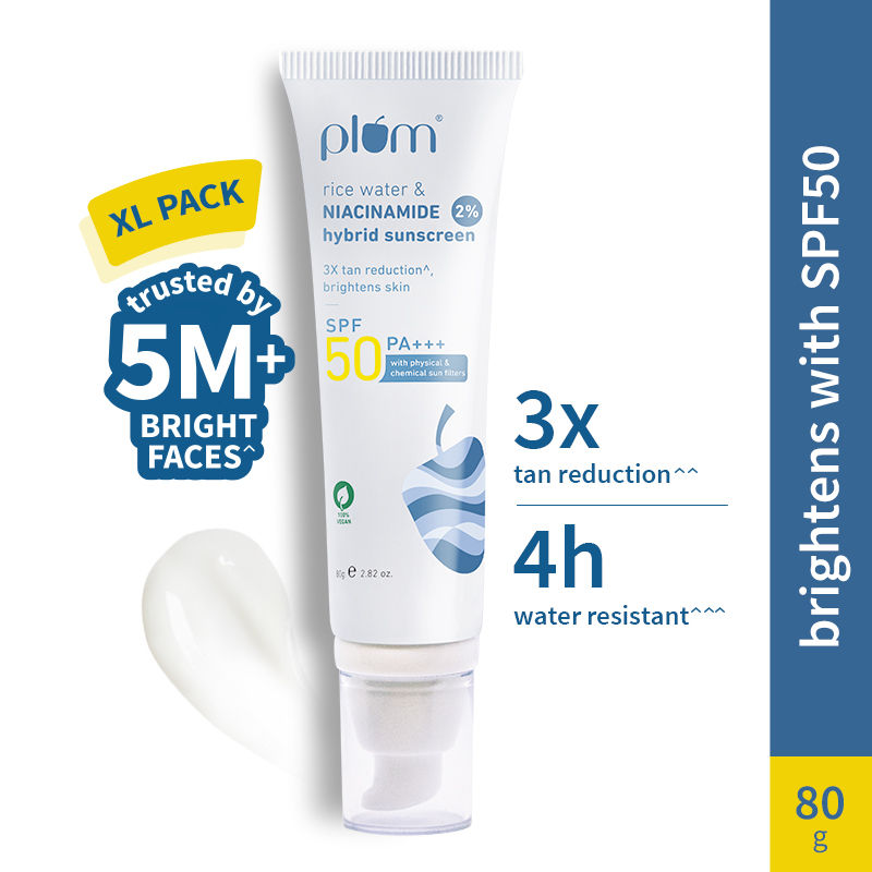 Plum 2% Niacinamide & Rice Water SPF 50 PA+++ Sunscreen, Fades Tan, For Oily To Dry Skin Type