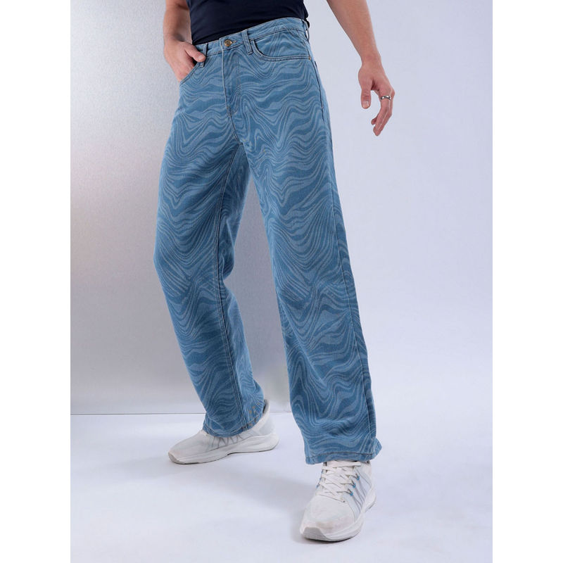 The Indian Garage Co Men Baggy Abstract Mid Rise Stretchable Jeans Blue (34)