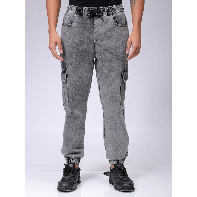 The Indian Garage Co Men Regular Fit Solid Mid Rise Stretchable Denim Cargo Joggers Grey (32)