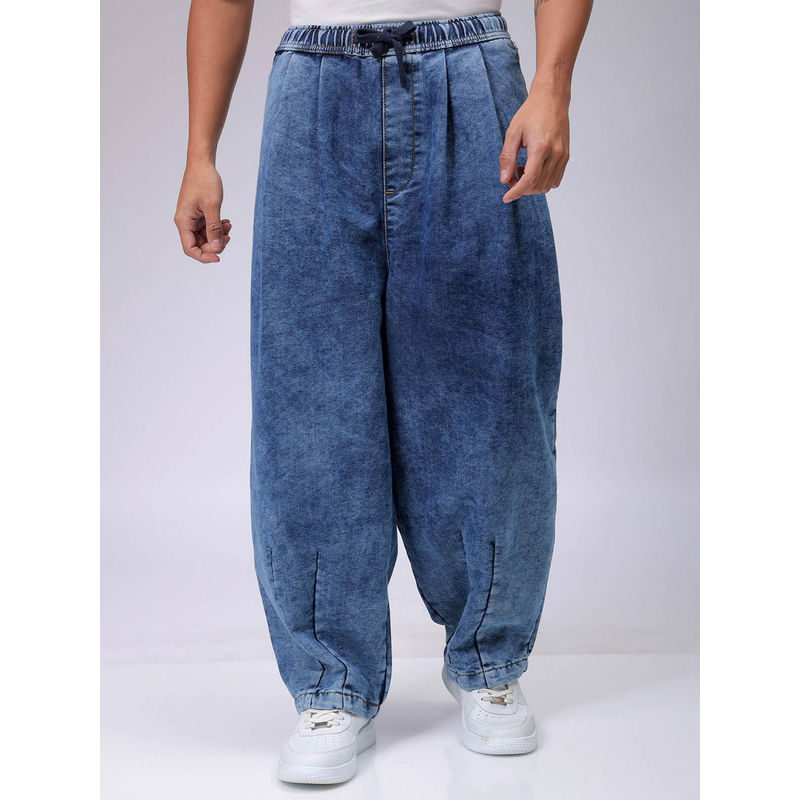 The Indian Garage Co Men Baggy Solid Mid Rise Denim Harem Jeans Blue (34)